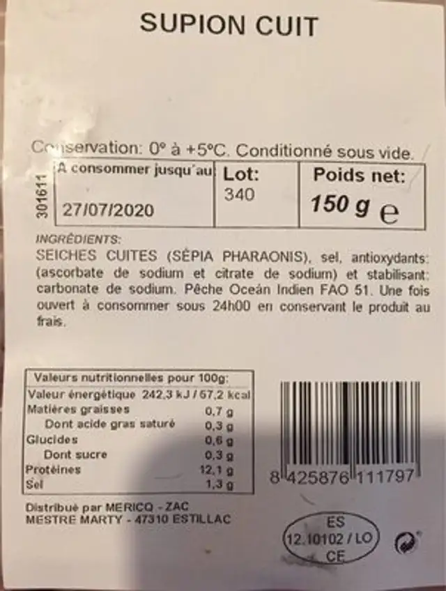 Supion Cuit nutrition facts table