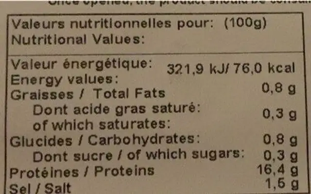 Demi poulpe cuit nutrition facts table