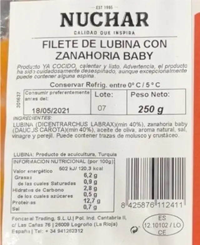 Filete de lubina con zanahoria baby nutrition facts table