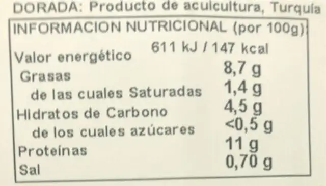 Dorada con verduras nutrition facts table