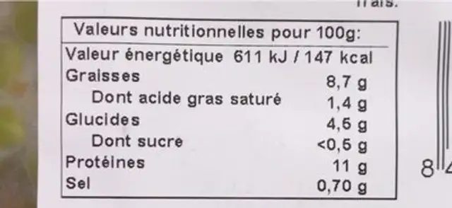 Filet de dorade nutrition facts table