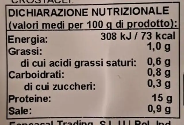 Selezione mare nutrition facts table