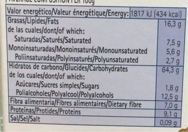 Mari-Diet nutrition facts table