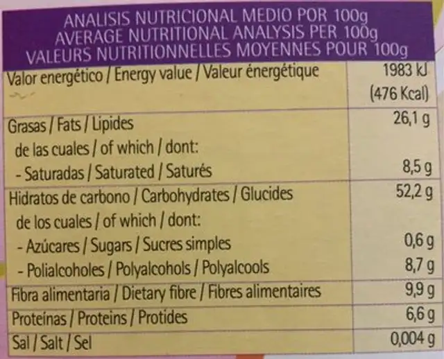 Pastas dieteticas nutrition facts table