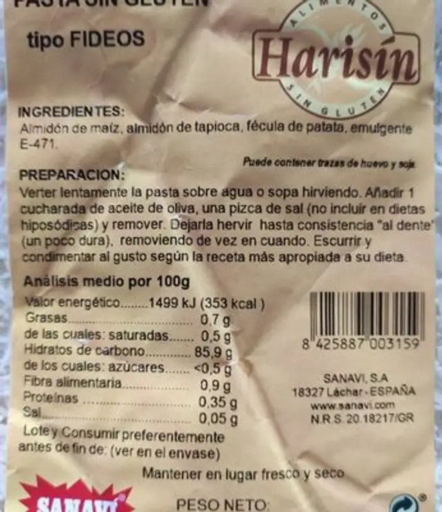 Pasta sin gluten tipo fideos nutrition facts table
