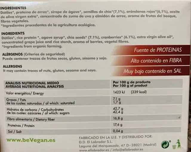 BeVegan PROTEIN & ANTIOXIDATS nutrition facts table