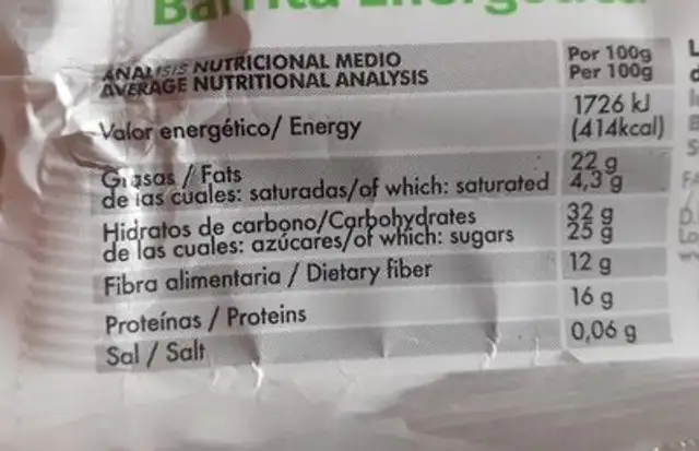 Barrita energética Cacao/Maca BeVegan nutrition facts table