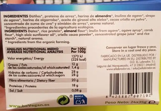 beVegan Protein Bars Low Carb nutrition facts table
