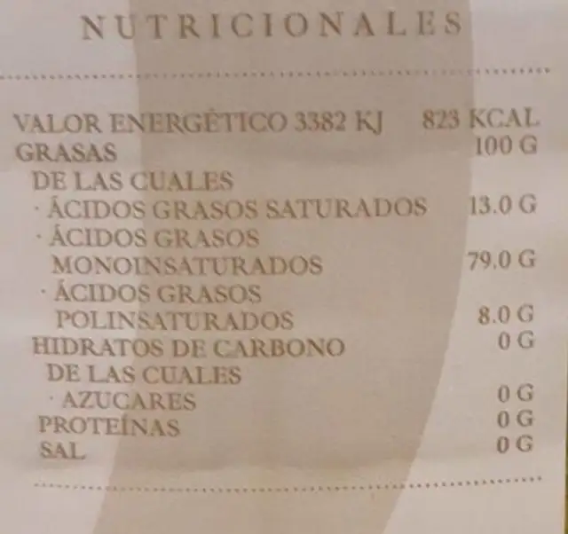 Arbolé nutrition facts table