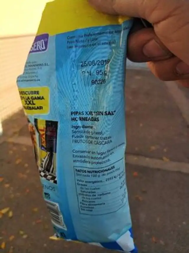 Pipas xxl sin sal 0% añadidas ingredients label