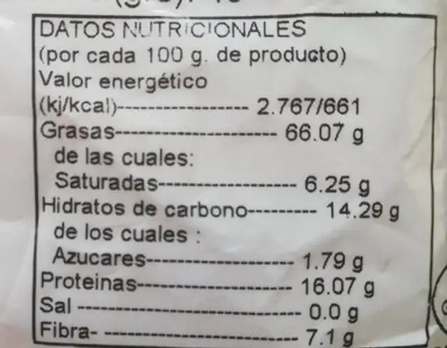 Frutos Secos nutrition facts table