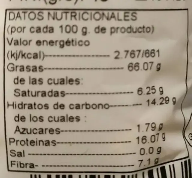 Nueces peladas nutrition facts table