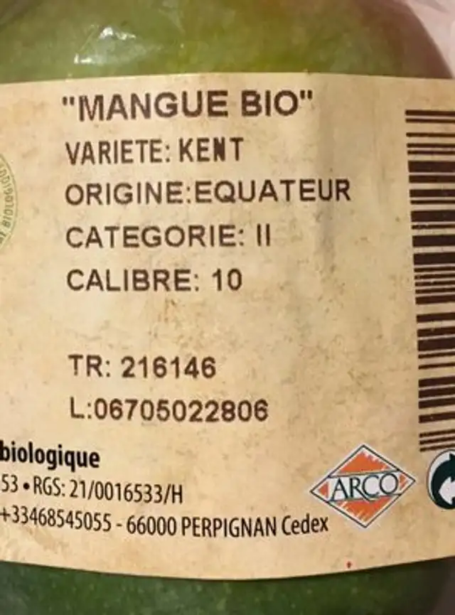 Mangue Bio ingredients label