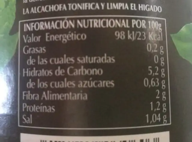 Corazones de alcachofa al natural primera nutrition facts table