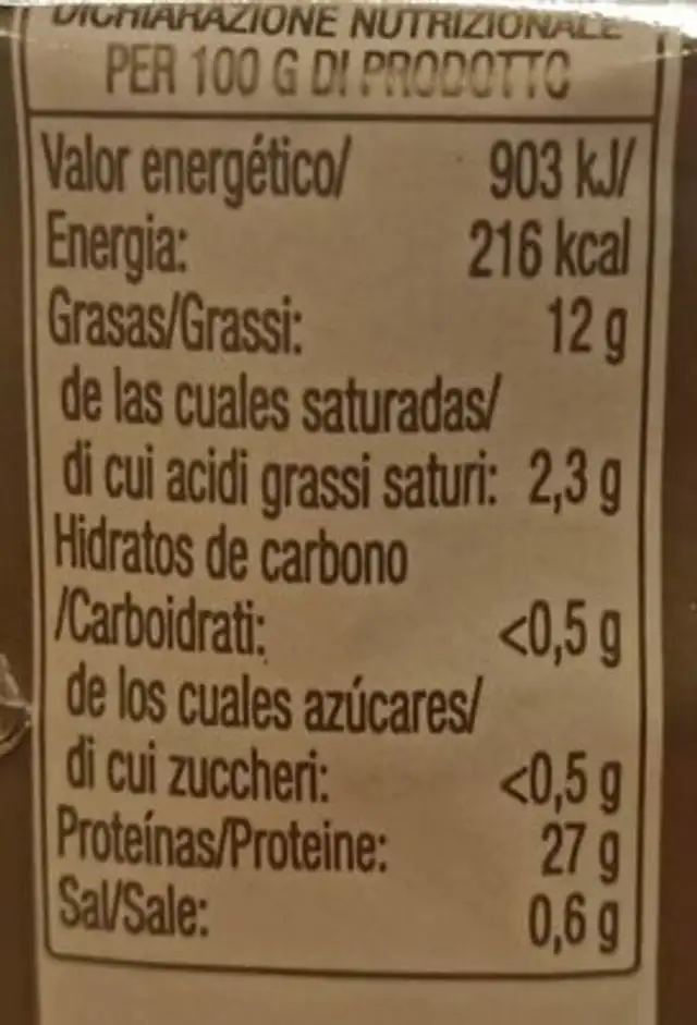 Bonito del norte nutrition facts table