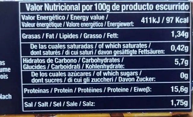 Berberechos al Natural nutrition facts table