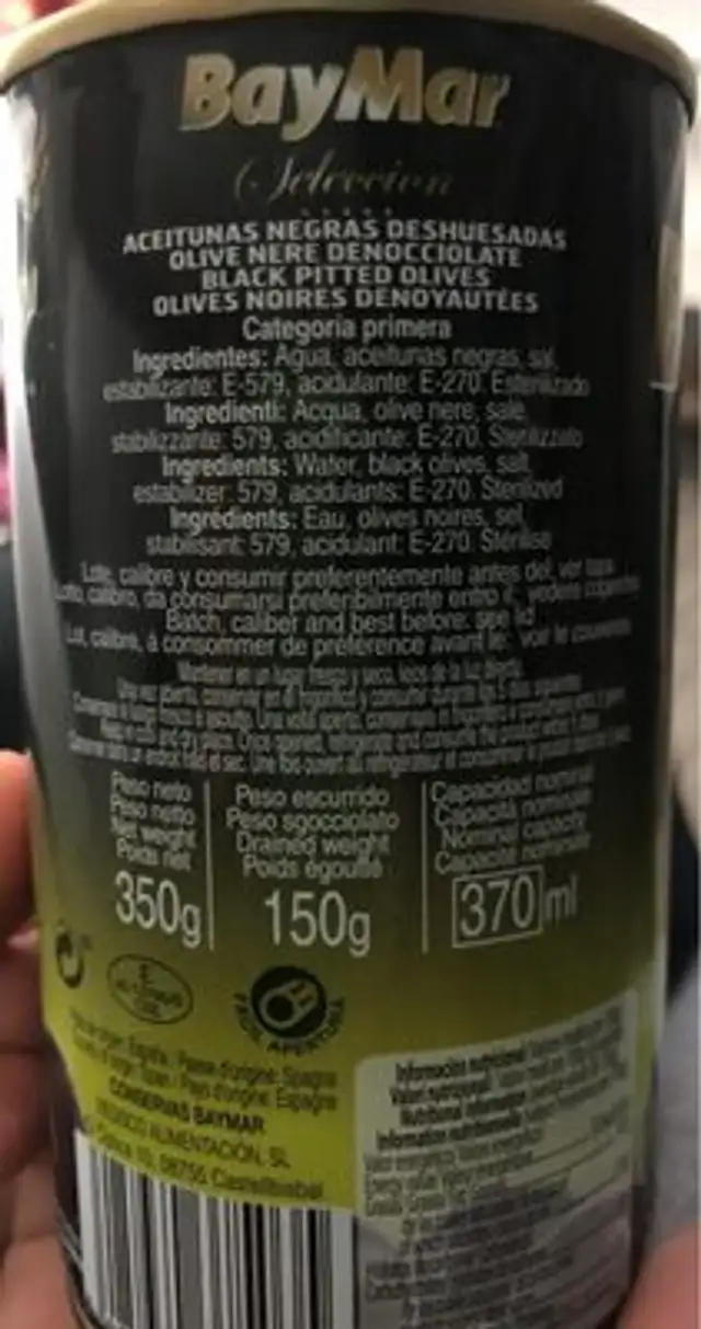 Aceitunas negras deshuesadas nutrition facts table