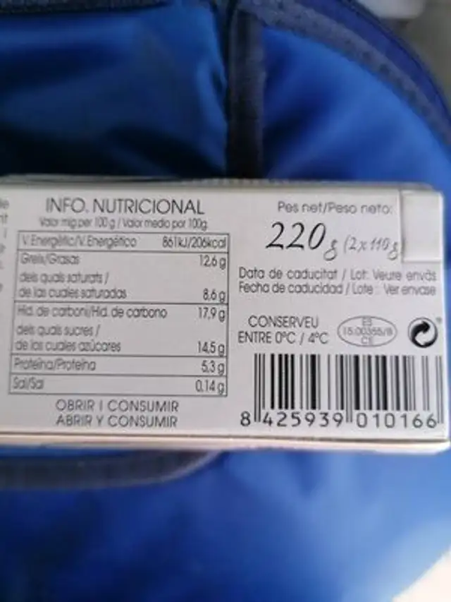 Flam de Mató ingredients label