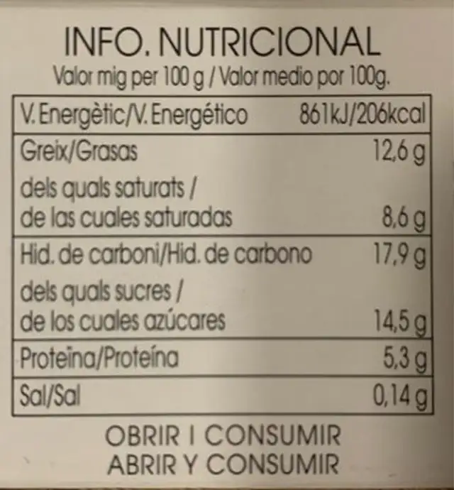 Flam de Mató nutrition facts table