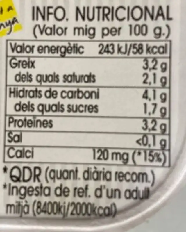 Iogurt natural nutrition facts table