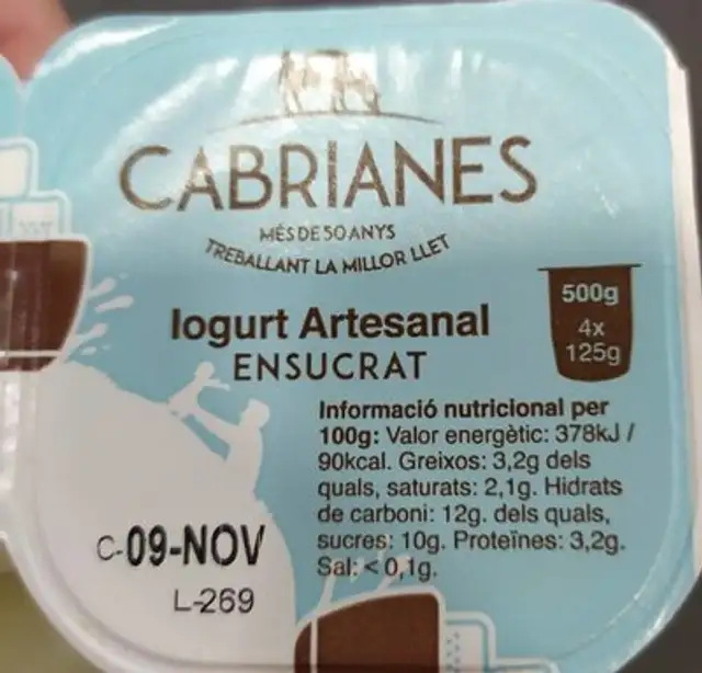 Cabrianes iogurts artesanal ensucrat nutrition facts table