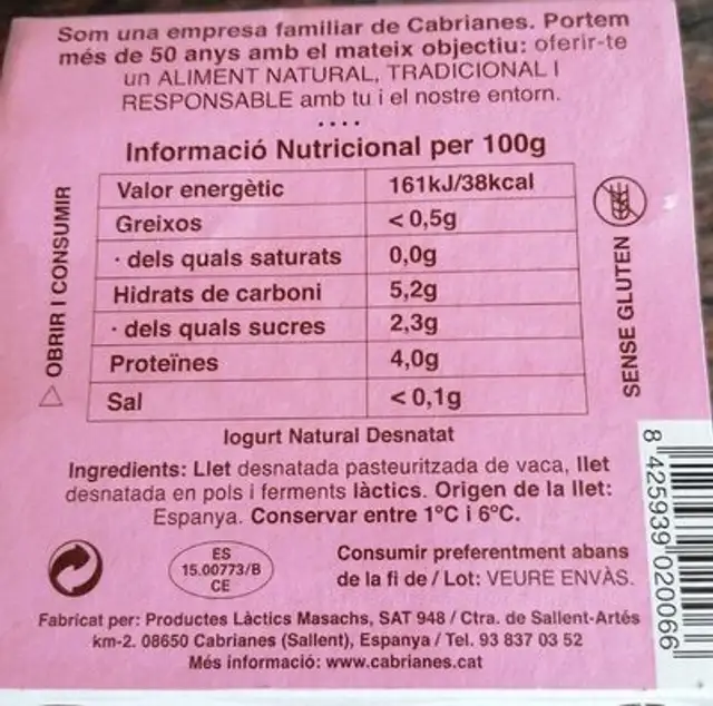 Iogurt Artesanal desnatat nutrition facts table