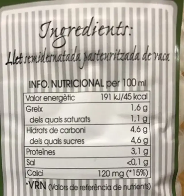 Llet Fresca semi 1.5l nutrition facts table