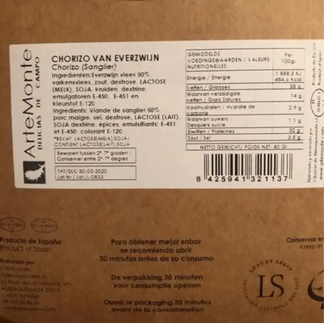 Chorizo nutrition facts table