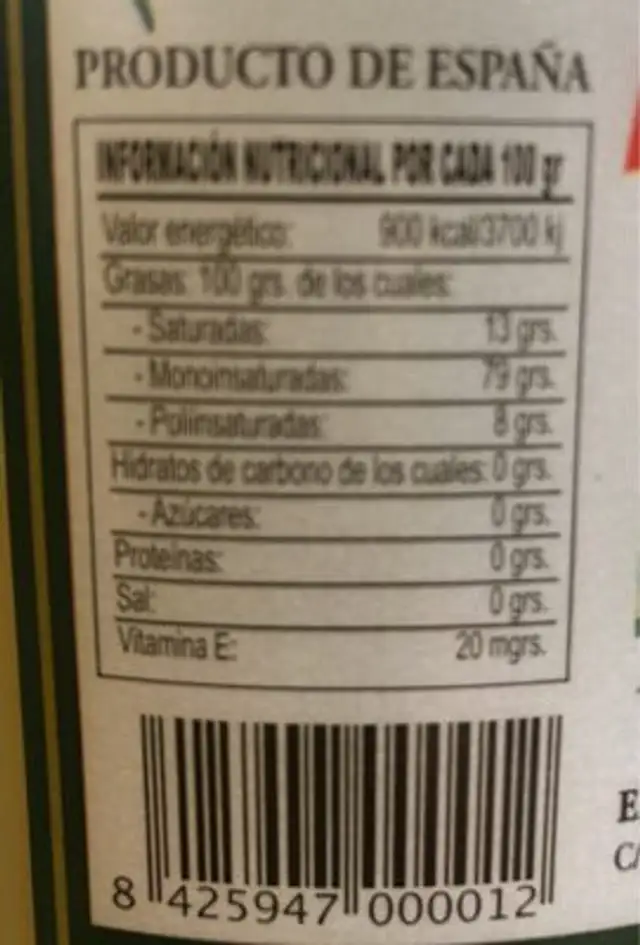 Aceite de oliva virgen nutrition facts table