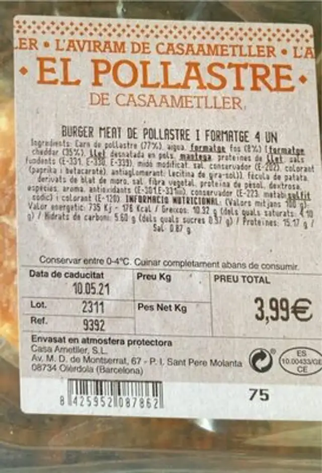 Burguer meat pollastre i formatge nutrition facts table