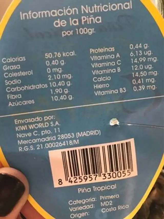 Piña Tropical nutrition facts table