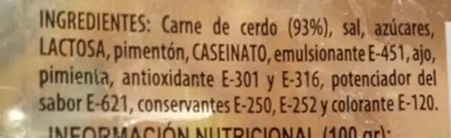 Chorizo extra ingredients label