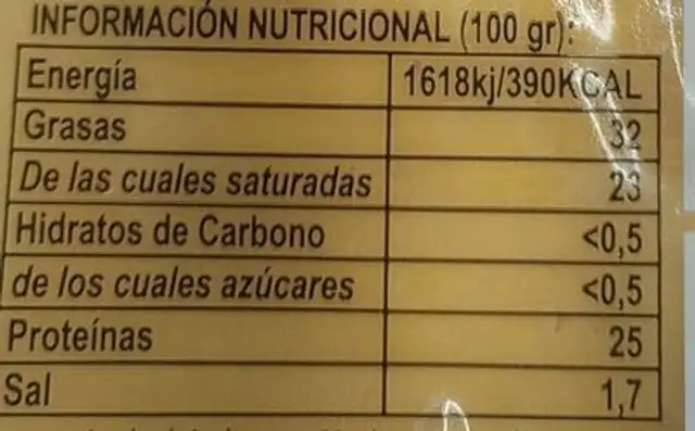 Queso natural Cheddar nutrition facts table