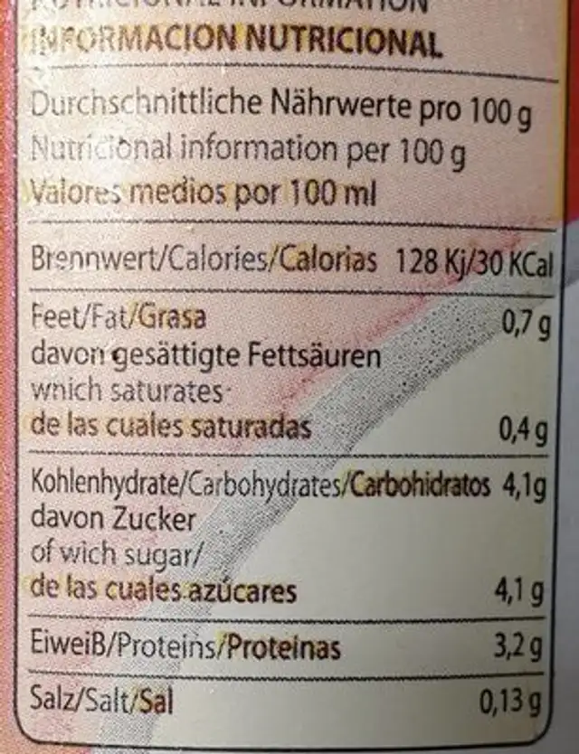 BEBIDA DE LECHE FERMENTADA nutrition facts table