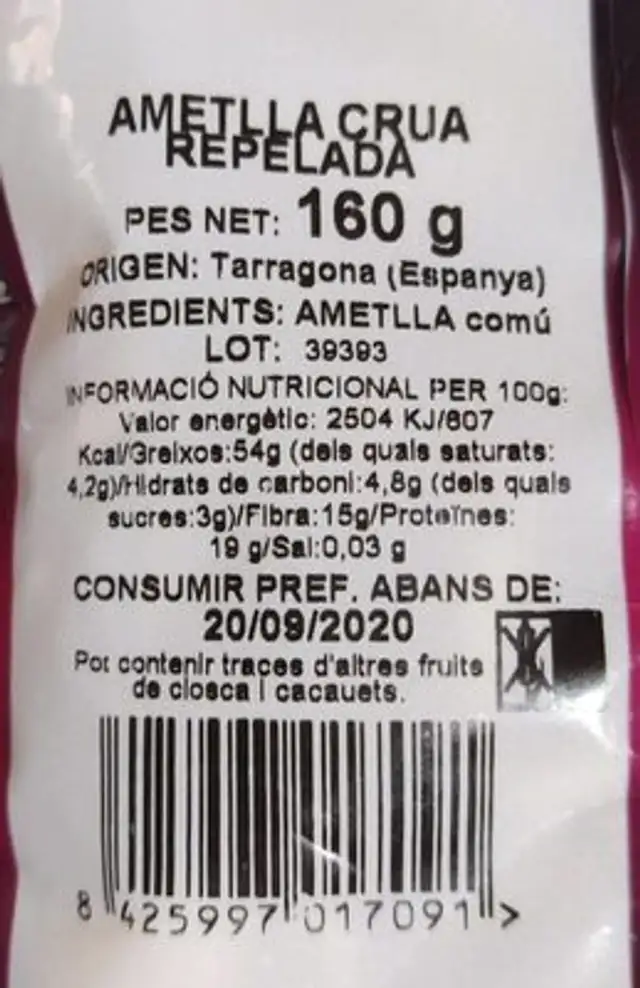 Almendras peladas nutrition facts table