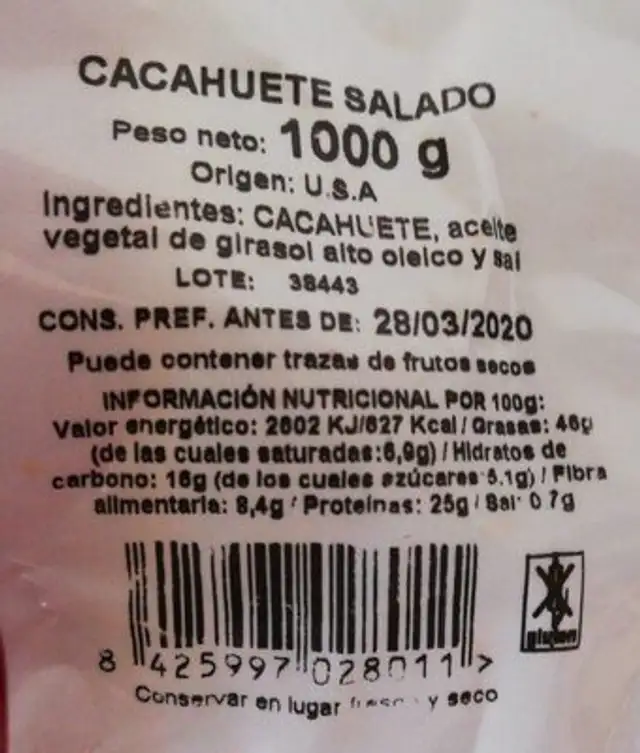 Cacahuete salado nutrition facts table