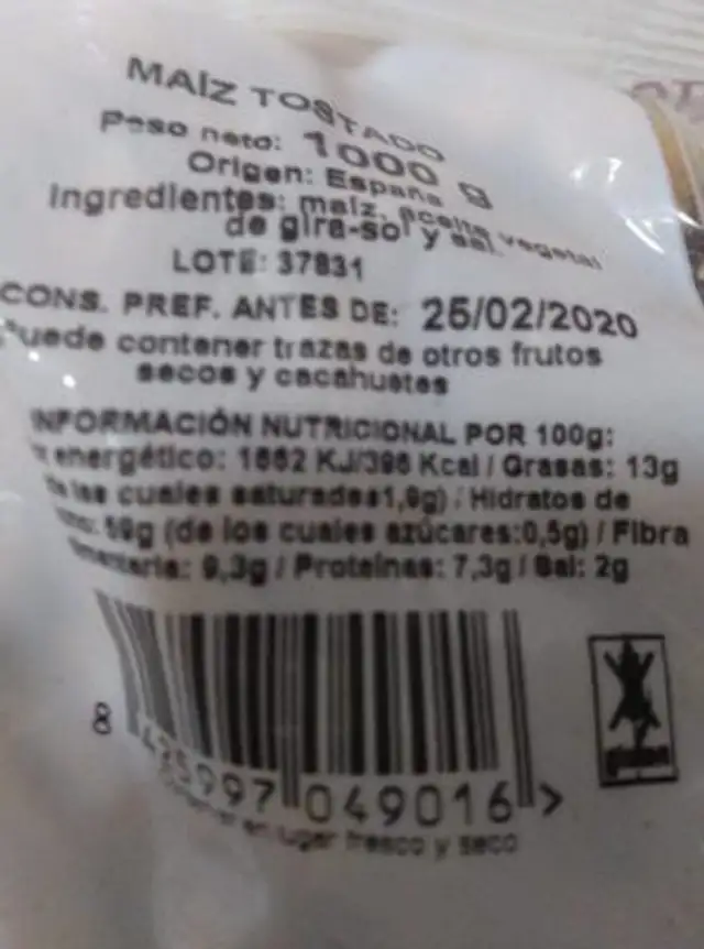 Maíz tostado (Kikos) nutrition facts table