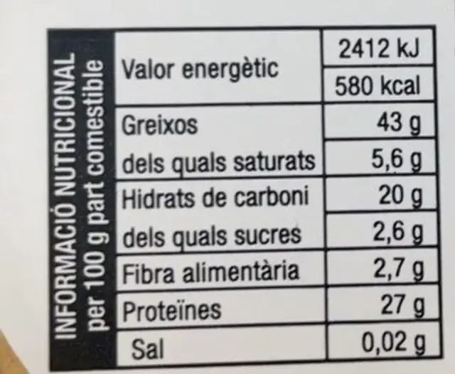 Pipes de girasol nutrition facts table