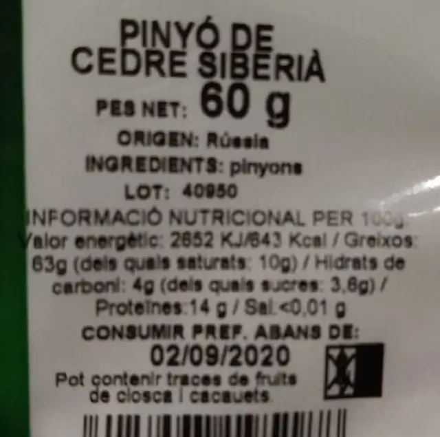 Pinyó de cedre siberià nutrition facts table