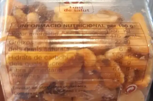 Còctel sense closca nutrition facts table