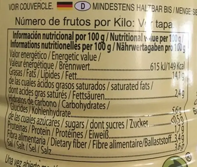 Olives ingredients label