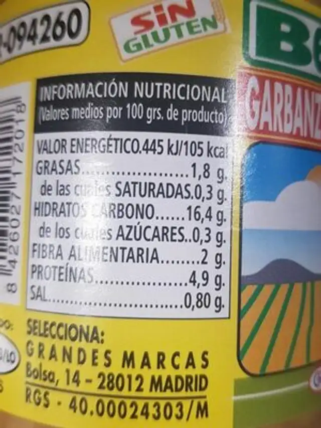 Garbanzos Cocidos nutrition facts table