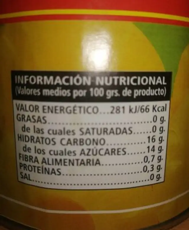 Piña en almíbar ligero nutrition facts table