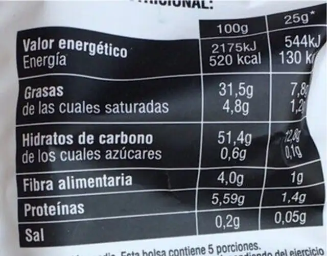 Patati Ñas nutrition facts table