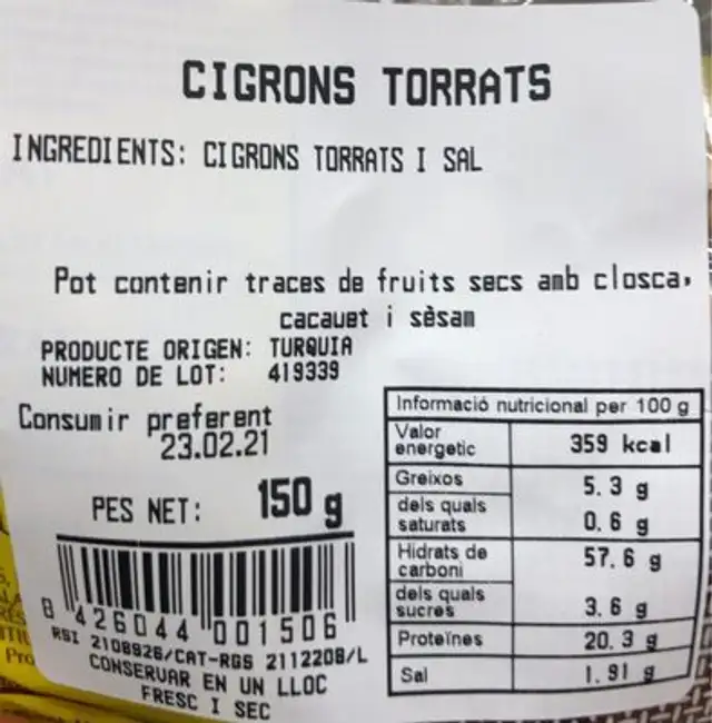 Garbanzos torrados nutrition facts table