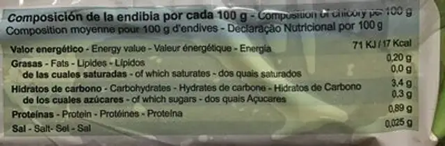 Endibias nutrition facts table