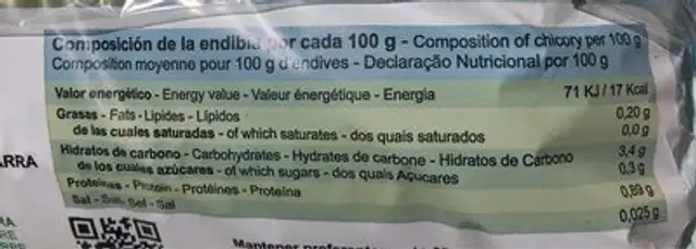 Endibias nutrition facts table