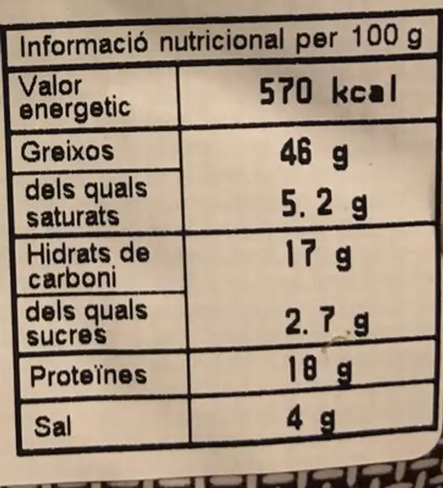 Pipa girasol torrada nutrition facts table