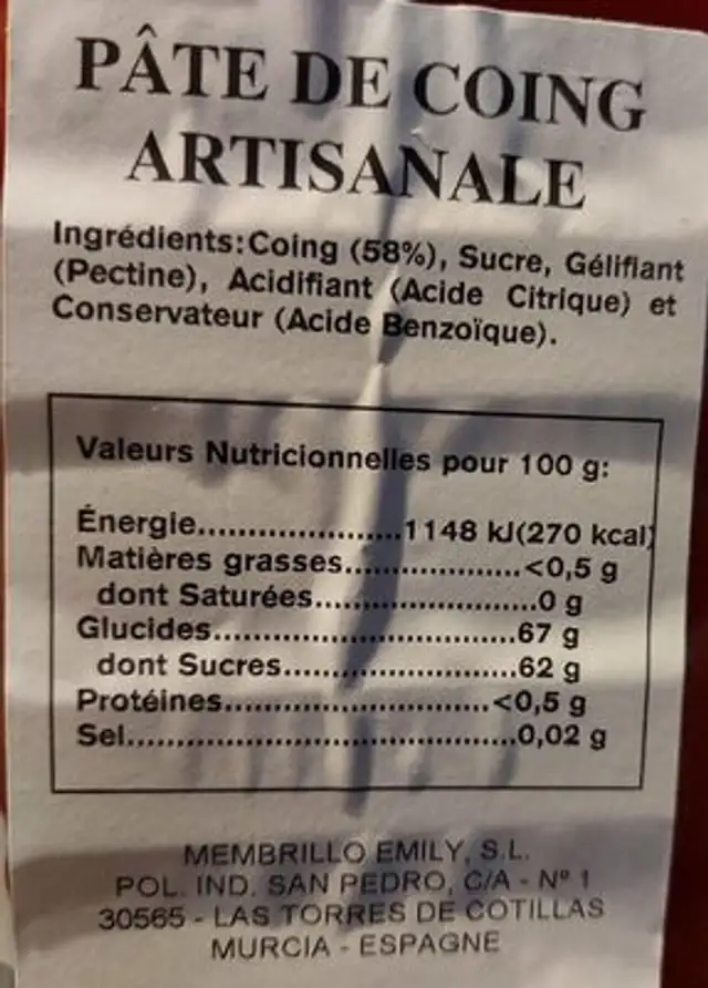 PATE DE COING ARTINASALE nutrition facts table