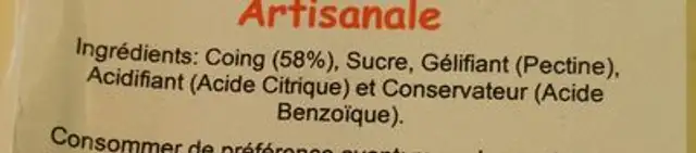 Pâte de coing ingredients label